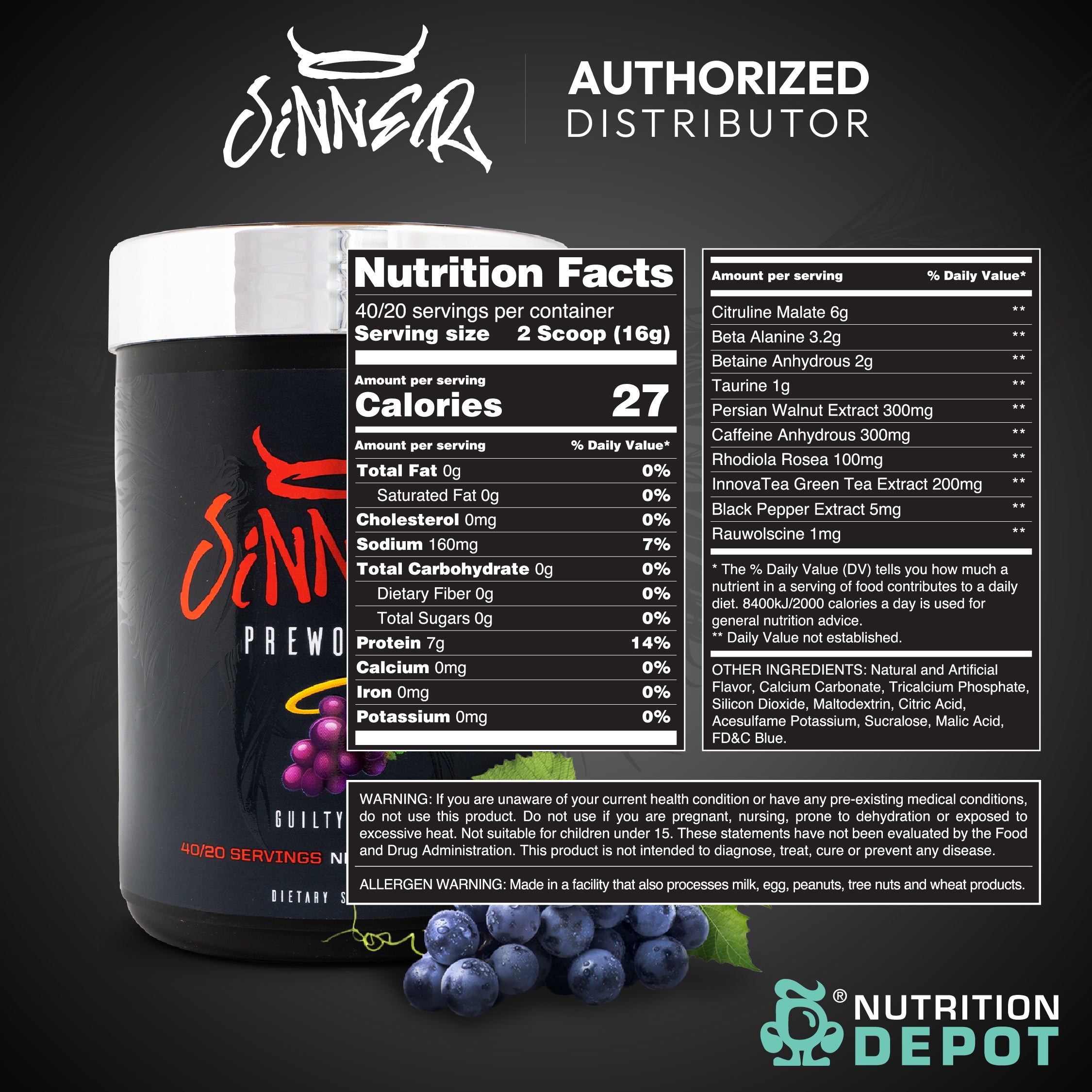 Sinner Pre-Workout - Guilty Grape 320g กรดอะมิโนเพื่มแรงในการออกกำลังกาย