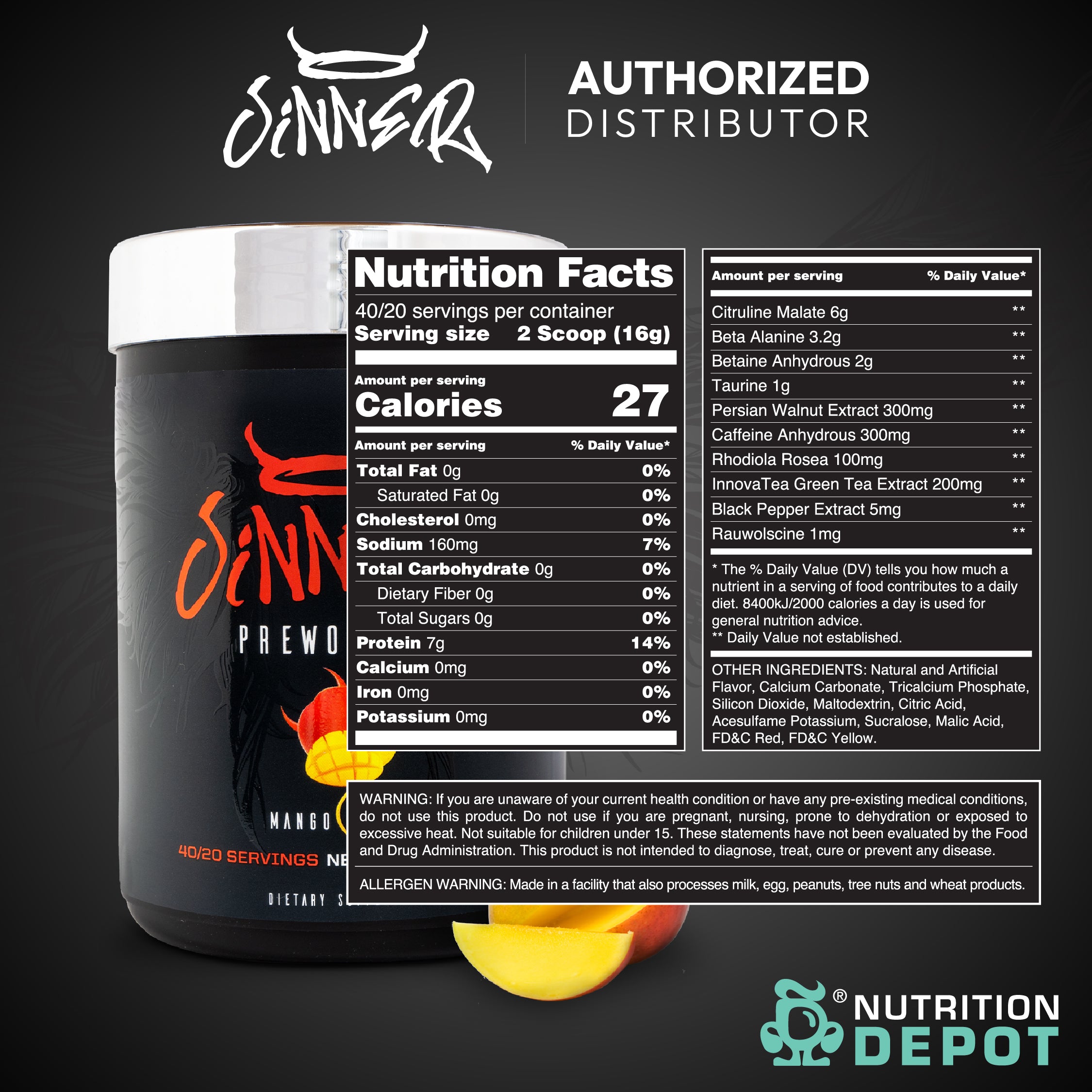 Sinner Pre-Workout - Mango Tango 320g กรดอะมิโนเพื่มแรงในการออกกำลังกาย