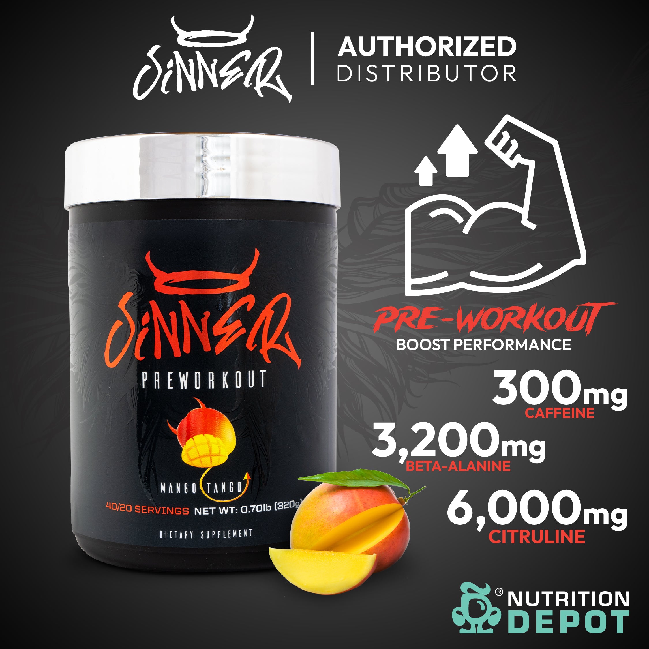 Sinner Pre-Workout - Mango Tango 320g กรดอะมิโนเพื่มแรงในการออกกำลังกาย