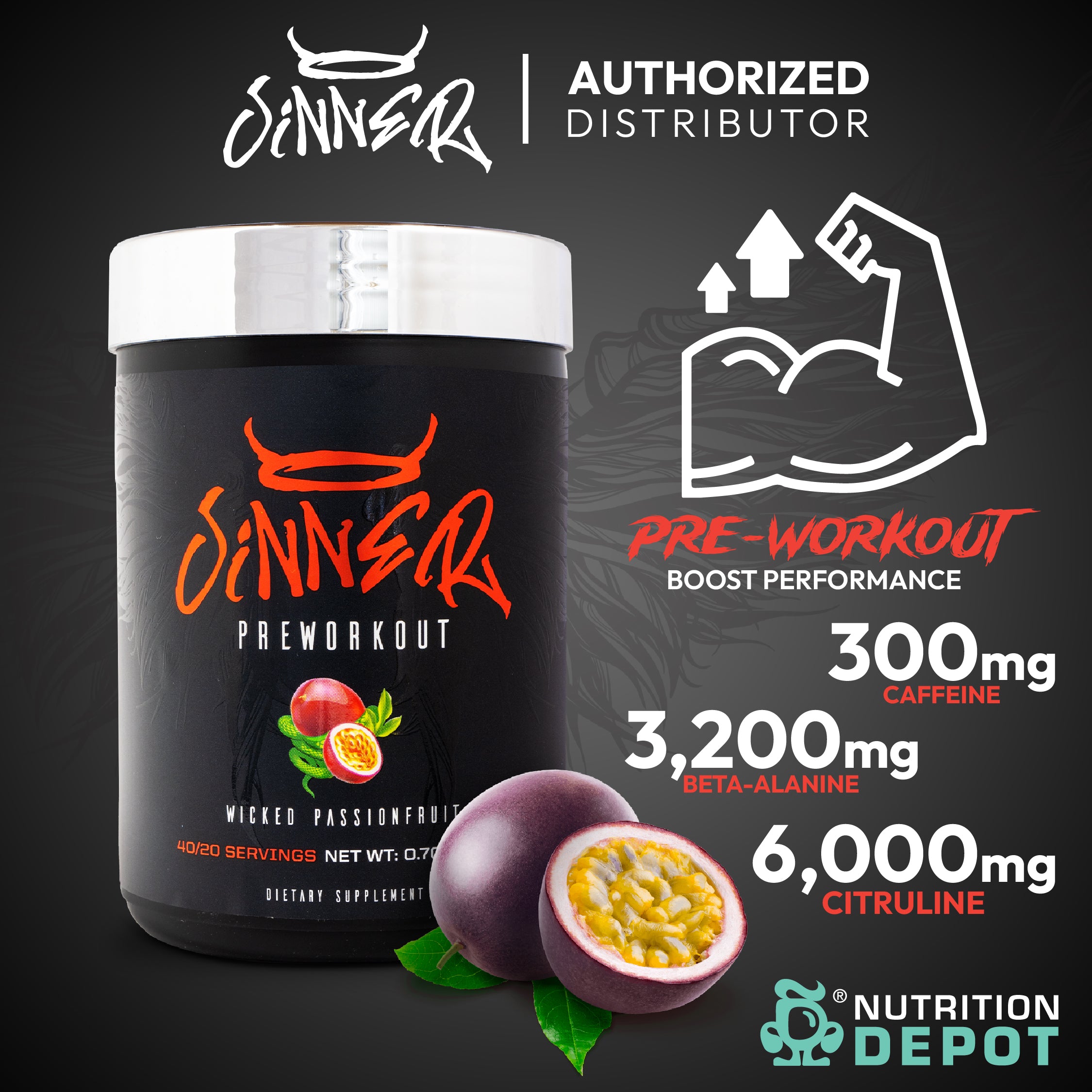 Sinner Pre-Workout - Wicked Passionfruit 320g กรดอะมิโนเพื่มแรงในการออกกำลังกาย