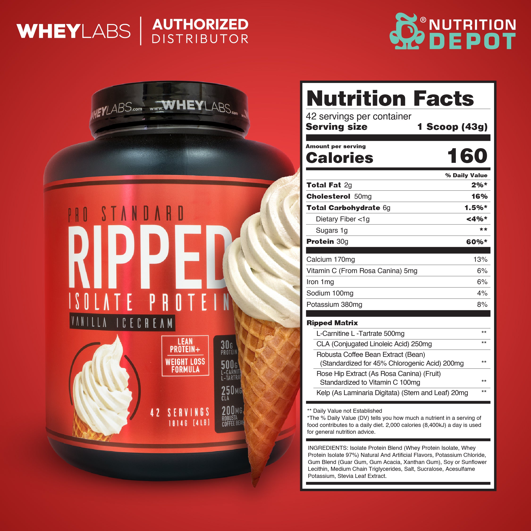 Whey Labs Ripped Isolate Whey Protein 4lbs - Vanilla Ice Cream เวย์โปรตีนลดไขมัน เสริมสร้างกล้ามเนื้อ