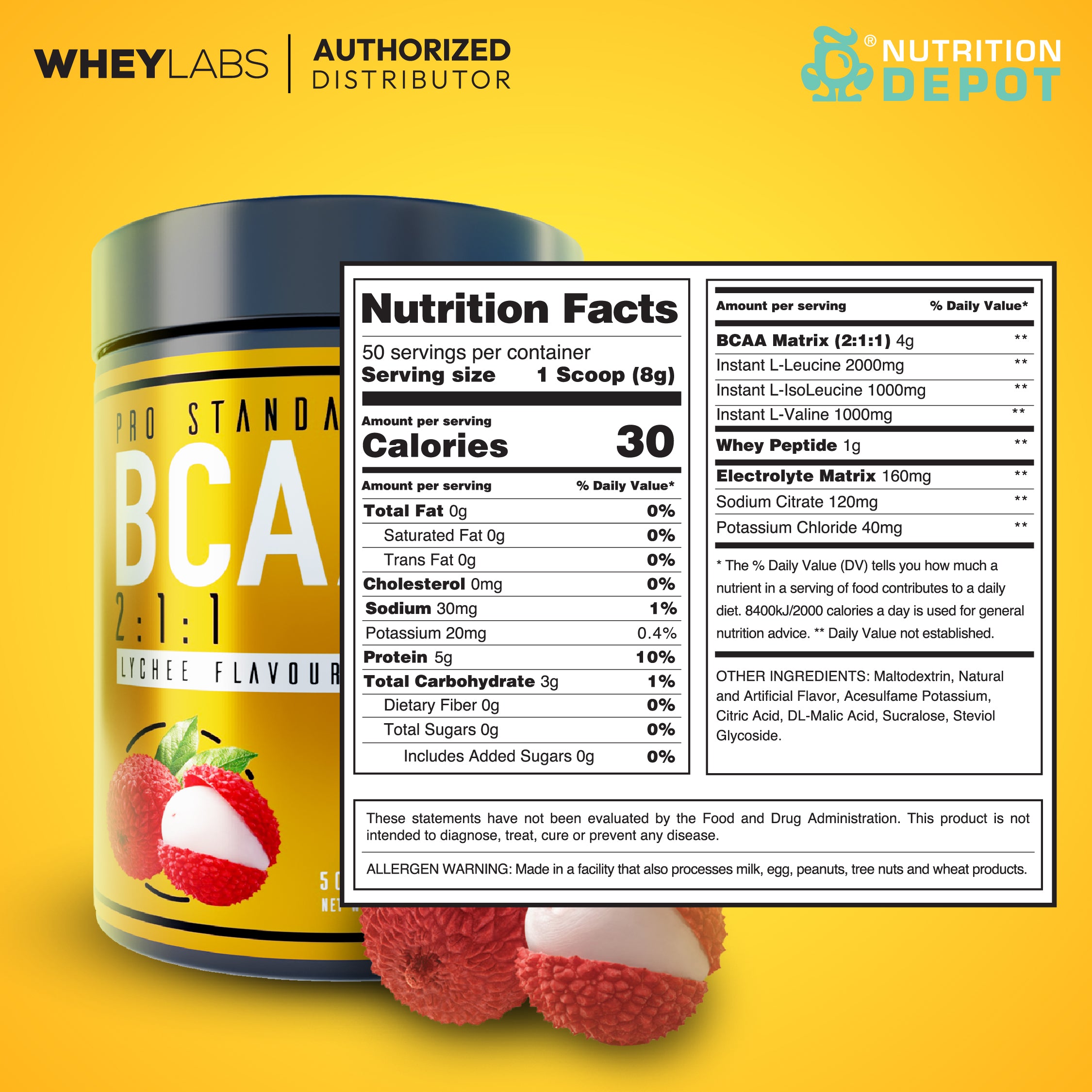 Whey Labs BCAA + Electrolytes - Lychee 50 Servings กรดอะมิโนป้องกันการสลายตัวของกล้ามเนื้อ