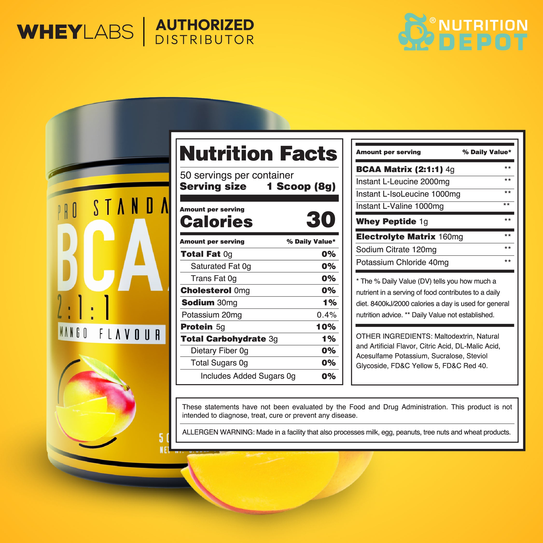 Whey Labs BCAA + Electrolytes - Mango 50 Servings กรดอะมิโนป้องกันการสลายตัวของกล้ามเนื้อ