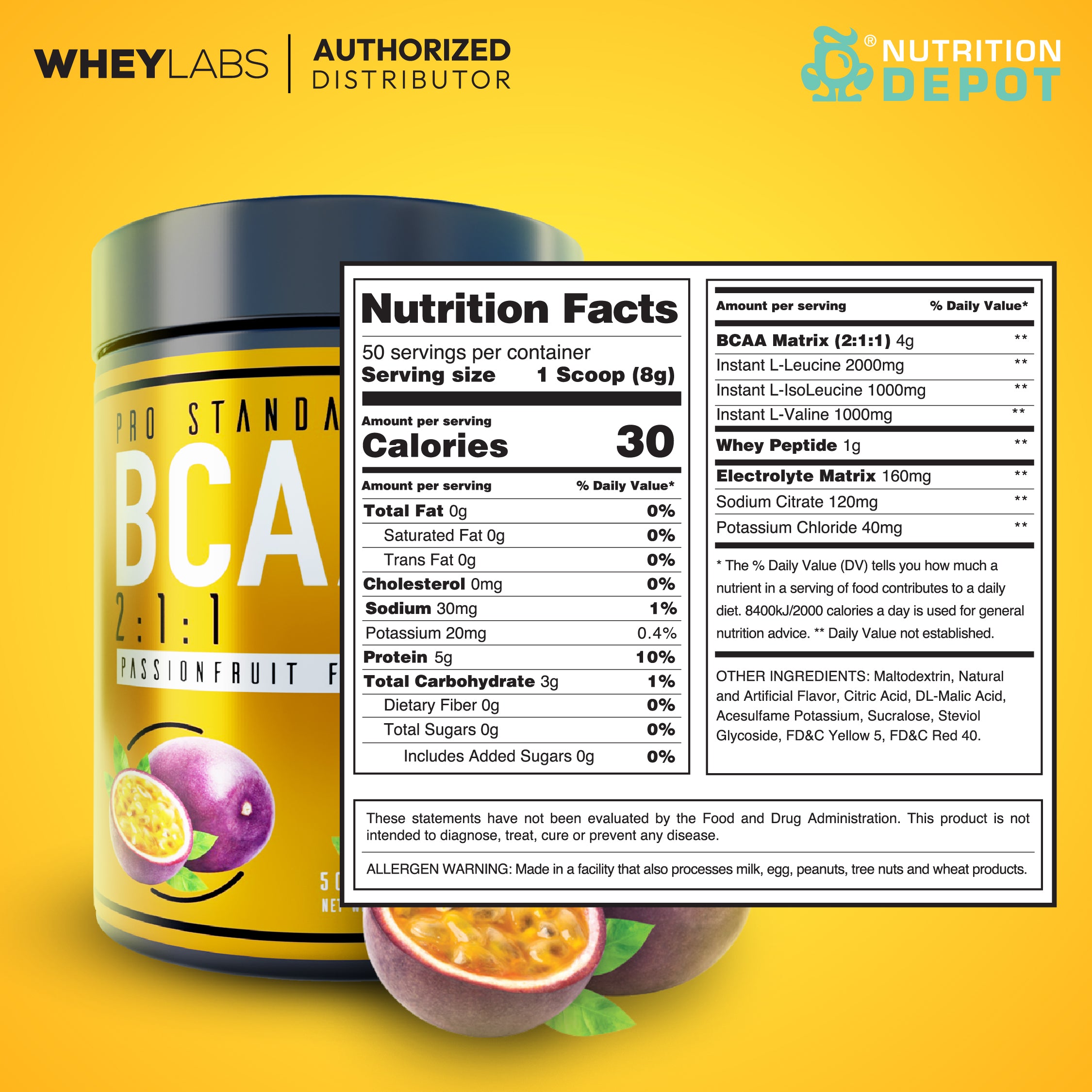 Whey Labs BCAA + Electrolytes - Passionfruit 50 Servings กรดอะมิโนป้องกันการสลายตัวของกล้ามเนื้อ