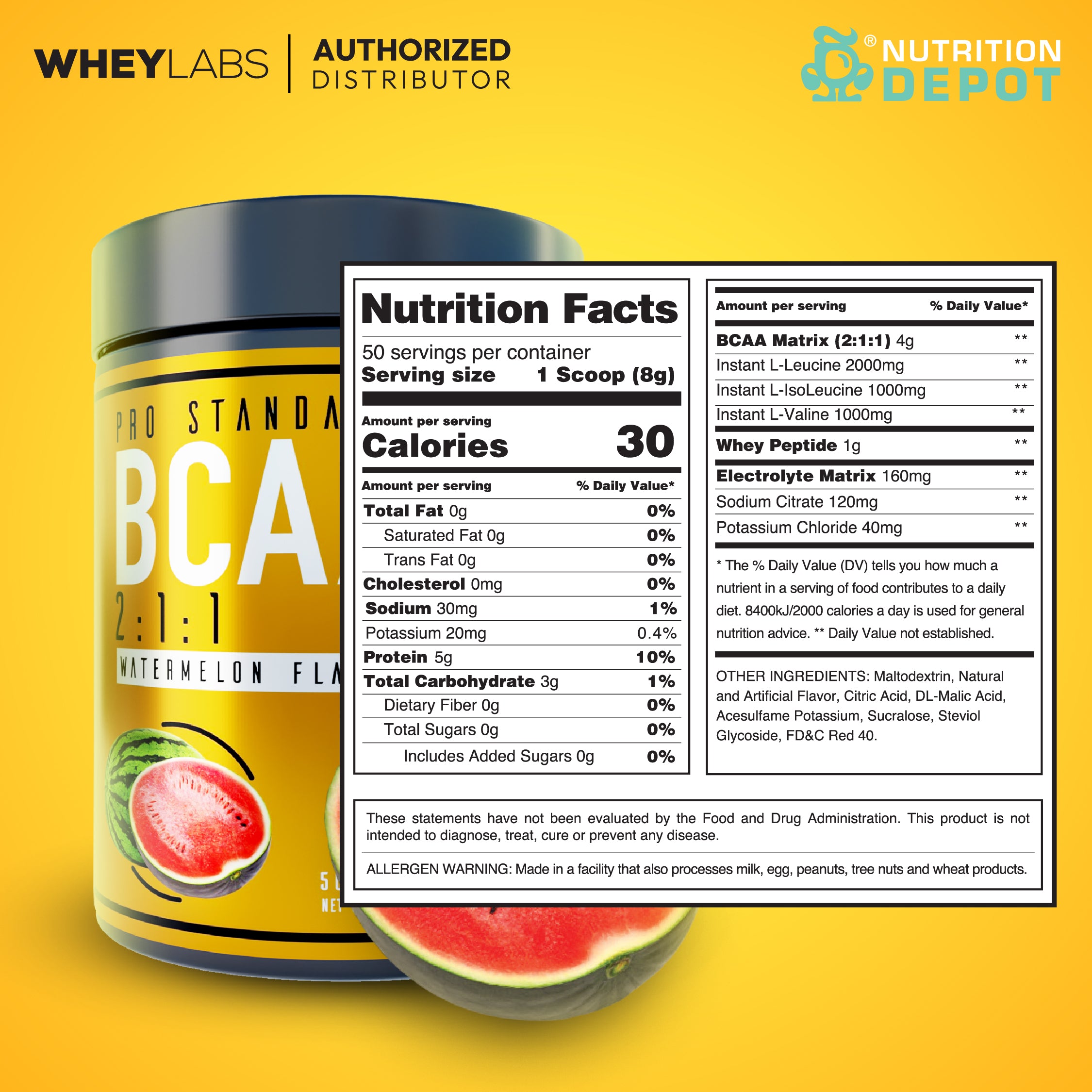 Whey Labs BCAA + Electrolytes - Watermelon 50 Servings กรดอะมิโนป้องกันการสลายตัวของกล้ามเนื้อ