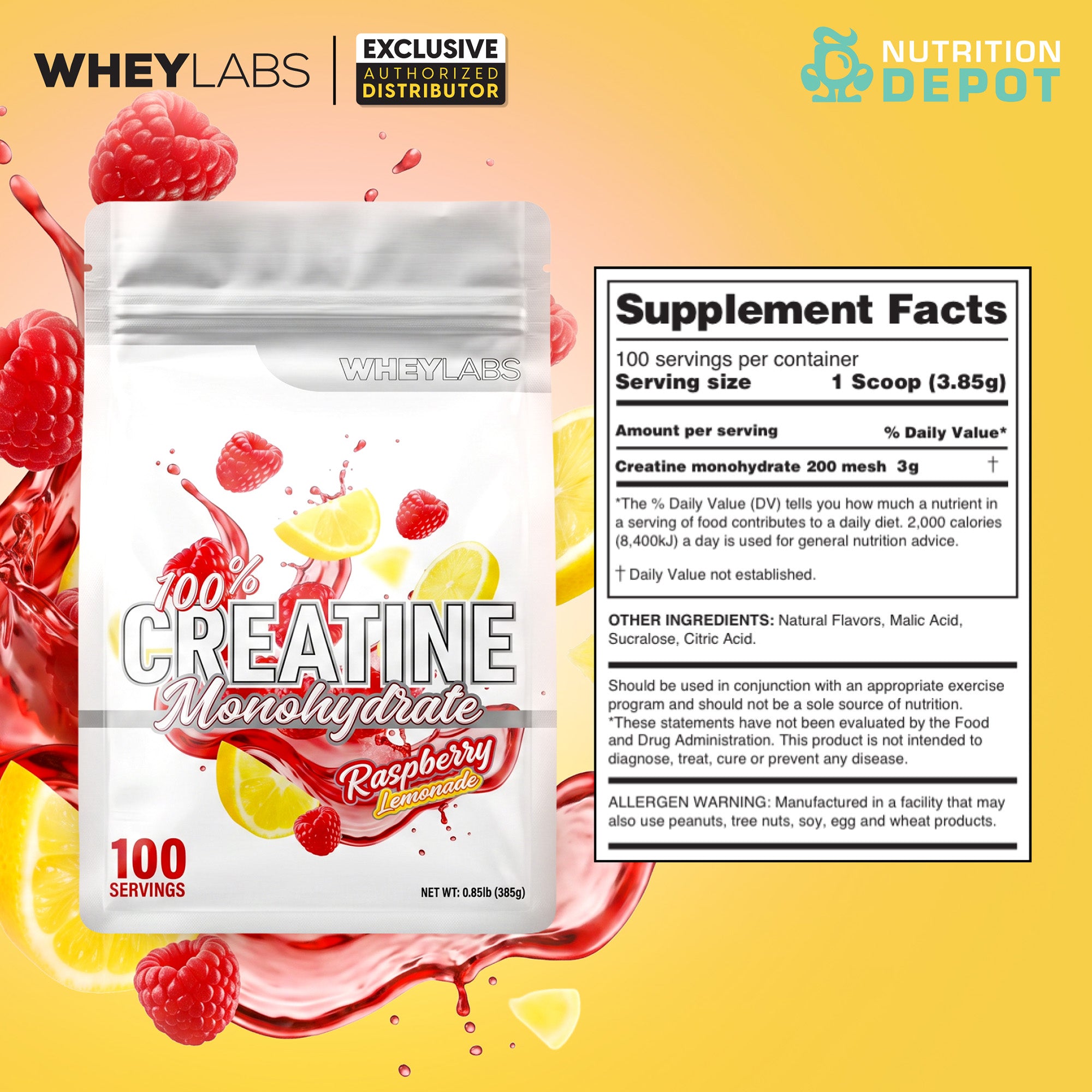 Whey Labs Creatine Monohydrate - Raspberry Lemonade 385g