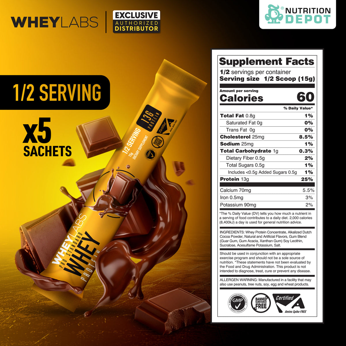 Whey Labs 100% Whey Protein 1/2 Servings  ( 5 Sachets ) - เวย์โปรตีนเสริมสร้างกล้ามเนื้อ