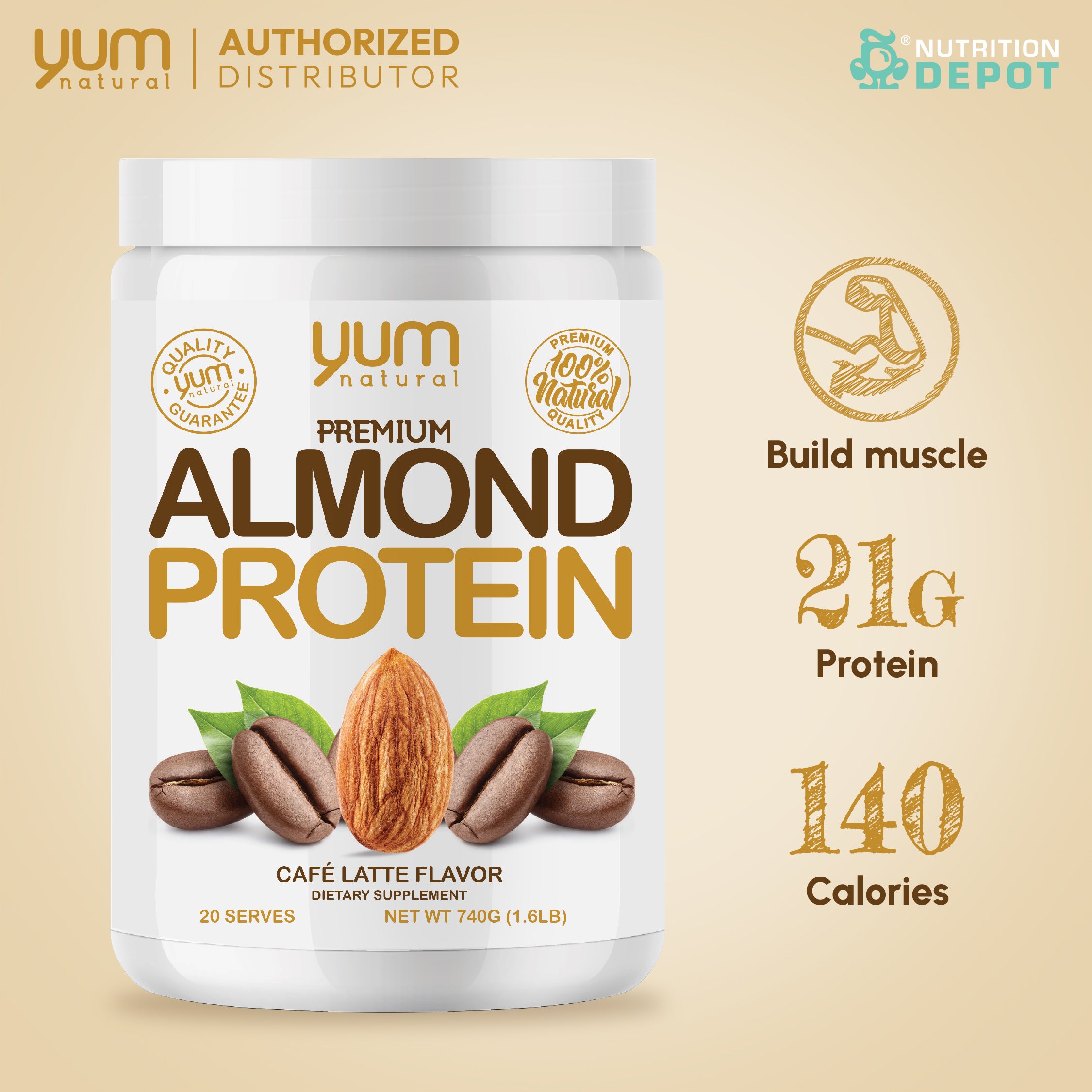 Yum Natural Premium Almond Protein - Cafe Latte 740g โปรตีนจากอัลมอนด์