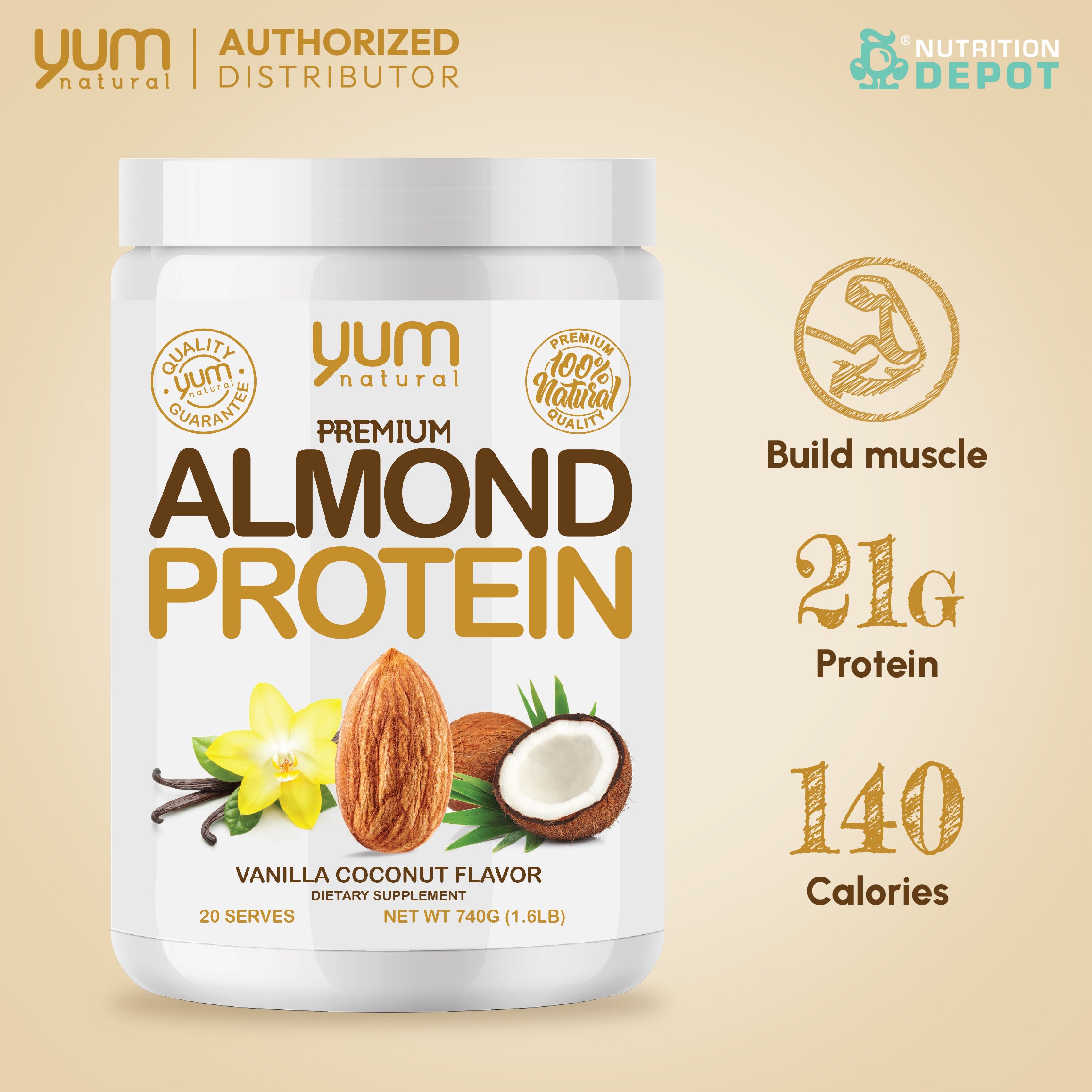 Yum Natural Premium Almond Protein - Vanilla Coconut 740g โปรตีนจากอัลมอนด์