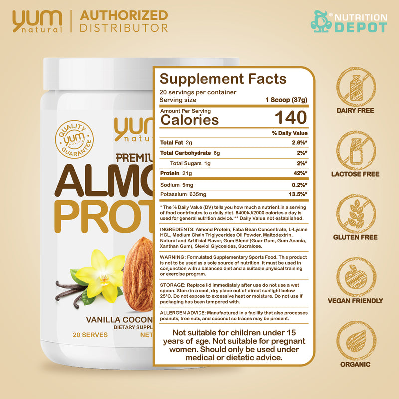 Yum Natural Premium Almond Protein - Vanilla Coconut 740g โปรตีนจากอัลมอนด์