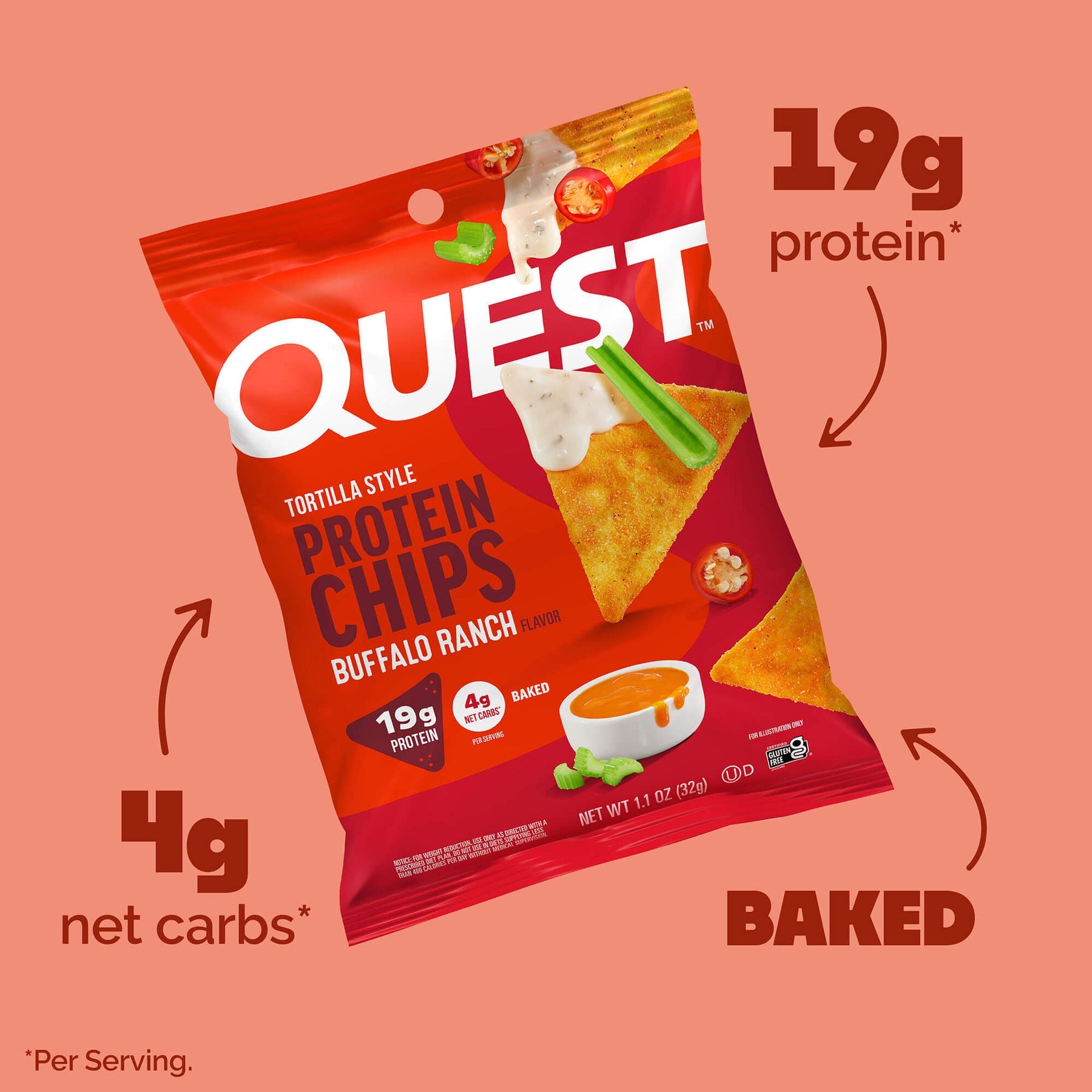 Quest Protein Chips Tortilla Style - Buffalo Ranch 1 Box (8 Bag) ขนมโปรตีนอบกรอบ
