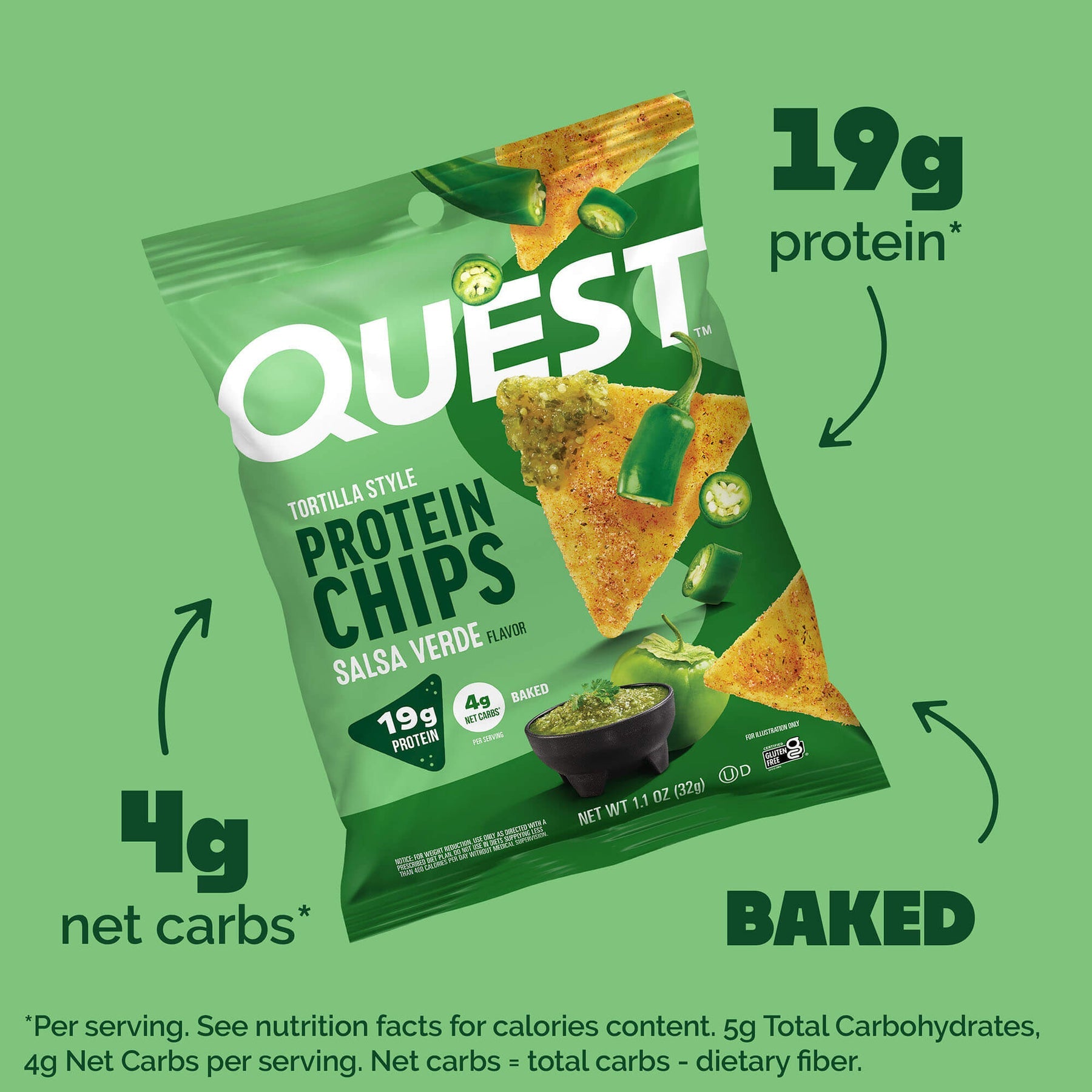 Quest Protein Chips Tortilla Style - Salsa Verde1 Box (8 Bag) ขนมโปรตีนอบกรอบ