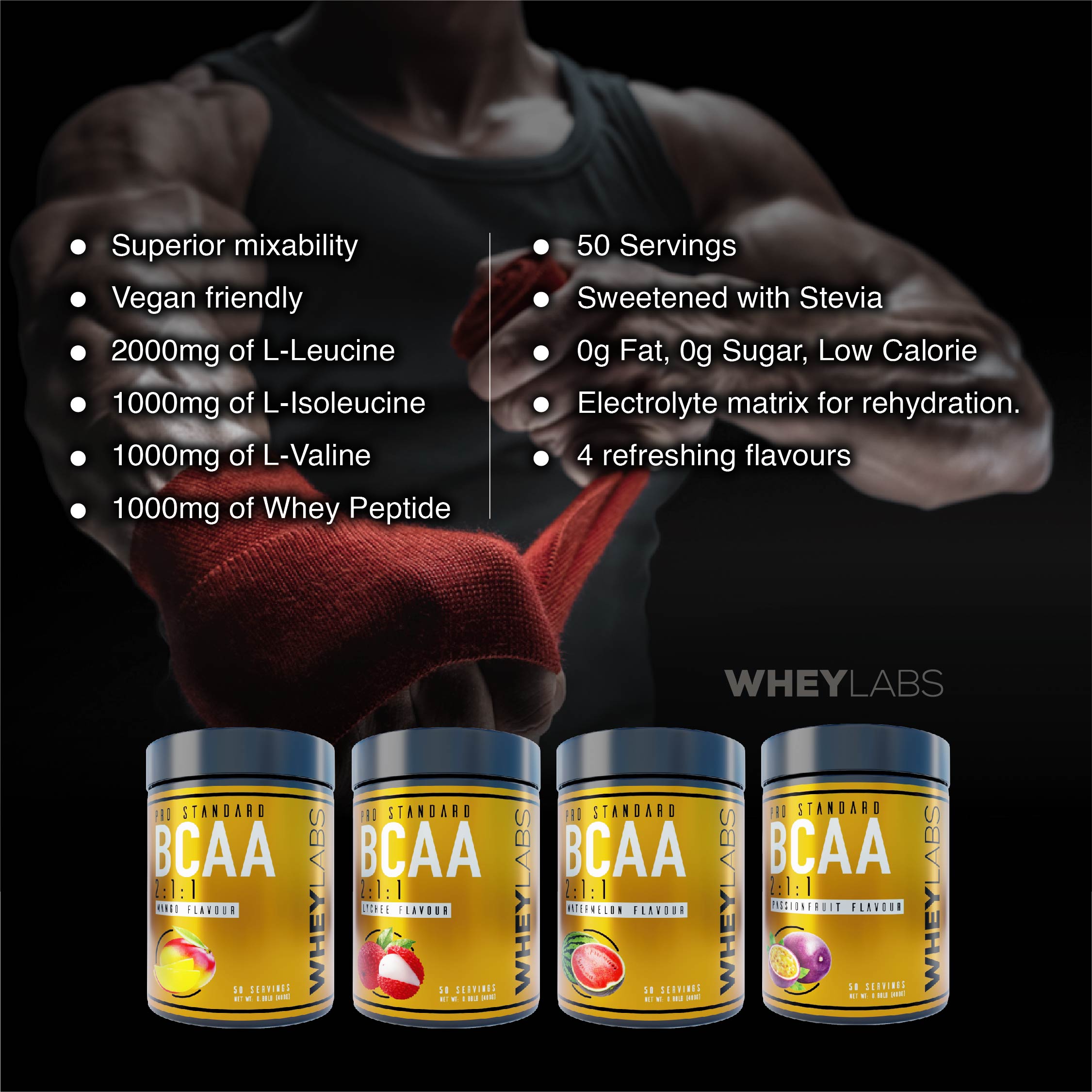 Whey Labs BCAA + Electrolytes - Mango 50 Servings กรดอะมิโนป้องกันการสลายตัวของกล้ามเนื้อ