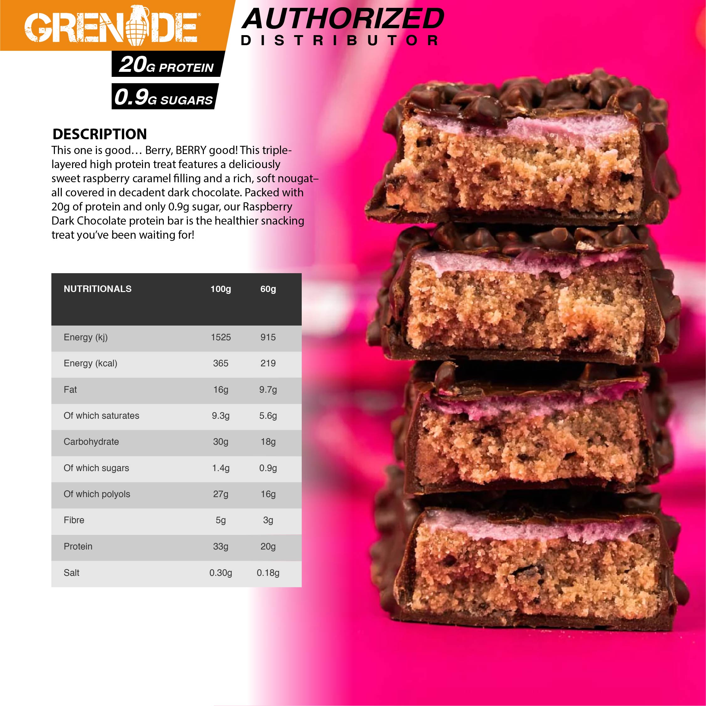 Grenade Carb Killa Protein Bar - Dark Chocolate Raspberry 1 Box (12 Bars)